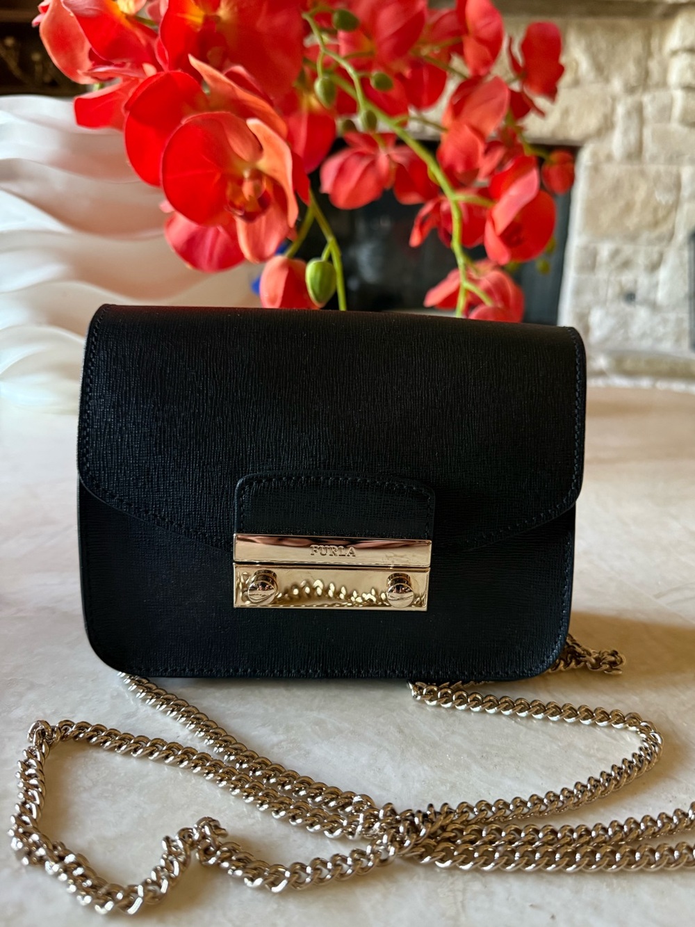 Furla Black Saffiano Crossbody mini Metropolis with Gold Chain strap
